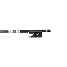 Load image into Gallery viewer, Forte Pro select Brazilwood violin bow fully-mounted Ebony frog front view, featuring round stick, Nickel Silver winding, Parisian eye and Abalone slide
