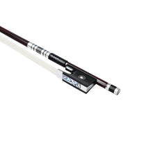 Load image into Gallery viewer, Forte Pro select Brazilwood violin bow fully-mounted Ebony frog side view, featuring round stick, Nickel Silver winding, Parisian eye, Abalone slide and white horsehair
