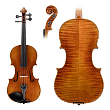 Load image into Gallery viewer, Lombardo "Virtuoso" Violin Top, Back & Scroll, featuring antique varnish, Solid Spruce with tight grains, Ebony fittings, Dominant strings, and Solid flamed Maple back