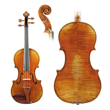 Load image into Gallery viewer, LOMBARDO "Cannone" Guarneri Violin Top, Back & Scroll, copy of Guarneri Del Gesu Cannone, featuring antique varnish, Solid Spruce with tight grains, Rosewood fittings, strings, and Solid flamed Maple back
