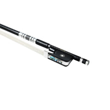 Load image into Gallery viewer, NeoTek Pro Carbon Fiber viola bow fully-mounted Ebony frog side view, featuring weaving pattern stick, Nickel Silver winding, Parisian eye, Abalone slide and white horsehair
