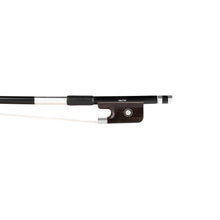 Load image into Gallery viewer, NeoTek Carbon Composite viola bow fully-mounted Ebony frog front view, featuring black matte finish stick, Nickel Silver winding, Parisian eye and Pearl slide
