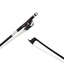 Load image into Gallery viewer, NeoTek Carbon Composite viola bow tip and fully-mounted Ebony frog side view, featuring black matte finish stick, Nickel Silver winding, Parisian eye, Pearl slide and white horsehair
