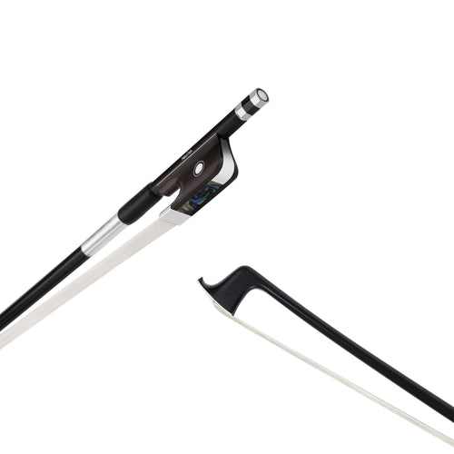 NeoTek Carbon Composite viola bow tip and fully-mounted Ebony frog side view, featuring black matte finish stick, Nickel Silver winding, Parisian eye, Pearl slide and white horsehair