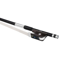 Load image into Gallery viewer, NeoTek Carbon Composite viola bow fully-mounted Ebony frog side view, featuring black matte finish stick, Nickel Silver winding, Parisian eye, Pearl slide and white horsehair

