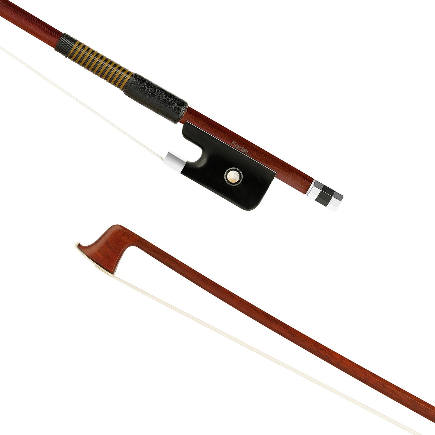 Forte Brazilwood Plus viola bass bow tip and fully-mounted Ebony frog front view, featuring octagonal stick, Nickel Silver winding, Parisian eye, Abalone slide and white horsehair