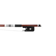 Load image into Gallery viewer, Forte Pro select Brazilwood viola bow fully-mounted Ebony frog front view, featuring round stick, Nickel Silver winding, Parisian eye and Abalone slide
