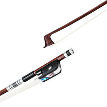 Load image into Gallery viewer, Forte Pro select Brazilwood viola bow tip and fully-mounted Ebony frog side view, featuring round stick, Nickel Silver winding, Parisian eye, Abalone slide and white horsehair
