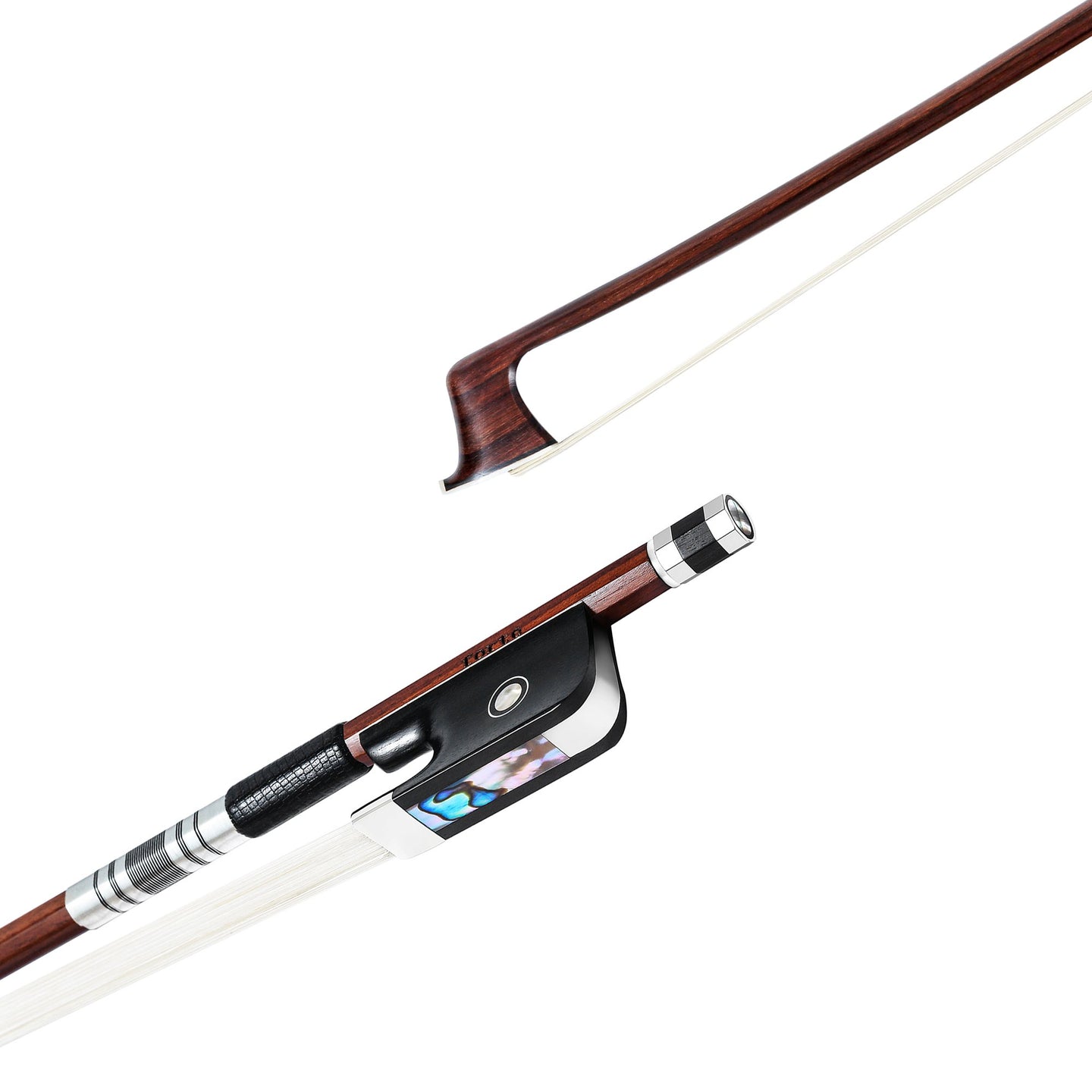 Forte Pro select Brazilwood viola bow tip and fully-mounted Ebony frog side view, featuring round stick, Nickel Silver winding, Parisian eye, Abalone slide and white horsehair