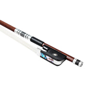 Load image into Gallery viewer, Forte Pro select Brazilwood viola bow fully-mounted Ebony frog side view, featuring round stick, Nickel Silver winding, Parisian eye, Abalone slide and white horsehair
