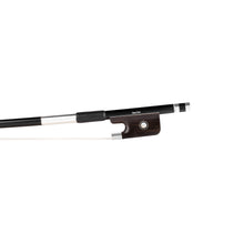 Load image into Gallery viewer, NeoTek Carbon Composite cello bow fully-mounted Ebony frog front view, featuring black matte finish stick, Nickel Silver winding, Parisian eye and Pearl slide
