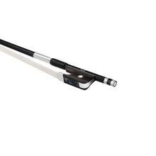 Load image into Gallery viewer, NeoTek Carbon Composite cello bow fully-mounted Ebony frog side view, featuring black matte finish stick, Nickel Silver winding, Parisian eye, Pearl slide and white horsehair
