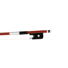 Load image into Gallery viewer, Forte Brazilwood cello bow Ebony frog front view, featuring Nickel Silver winding, Serbian eye and Pearl slide
