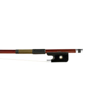 Load image into Gallery viewer, Forte Brazilwood Plus cello bass bow fully-mounted Ebony frog front view, featuring octagonal stick, Nickel Silver winding, Parisian eye, Abalone slide and white horsehair
