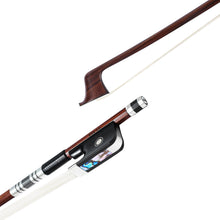 Load image into Gallery viewer, Forte Pro select Brazilwood cello bow tip and fully-mounted Ebony frog side view, featuring round stick, Nickel Silver winding, Parisian eye, Abalone slide and white horsehair
