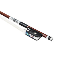 Load image into Gallery viewer, Forte Pro select Brazilwood cello bow fully-mounted Ebony frog side view, featuring round stick, Nickel Silver winding, Parisian eye, Abalone slide and white horsehair
