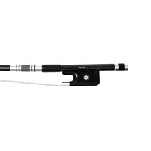 Load image into Gallery viewer, NeoTek Pro Carbon Fiber French style bass bow fully-mounted Ebony frog front view, featuring weaving pattern stick, Nickel Silver winding, Parisian eye and Abalone slide
