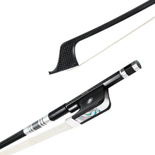Load image into Gallery viewer, NeoTek Pro Carbon Fiber French style bass bow tip and fully-mounted Ebony frog side view, featuring weaving pattern stick, Nickel Silver winding, Parisian eye, Abalone slide and white horsehair
