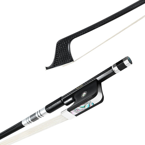 NeoTek Pro Carbon Fiber French style bass bow tip and fully-mounted Ebony frog side view, featuring weaving pattern stick, Nickel Silver winding, Parisian eye, Abalone slide and white horsehair