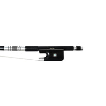 Load image into Gallery viewer, NeoTek Plus Carbon Fiber French style bass bow fully-mounted Ebony frog front view, featuring black matte finish stick, Nickel Silver winding, Parisian eye, Abalone slide and white horsehair
