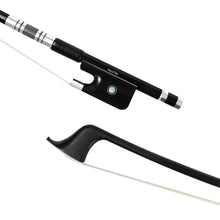 Load image into Gallery viewer, NeoTek Plus Carbon Fiber French style bass bow tip and fully-mounted Ebony frog front view, featuring black matte finish stick, Nickel Silver winding, Parisian eye, Abalone slide and white horsehair
