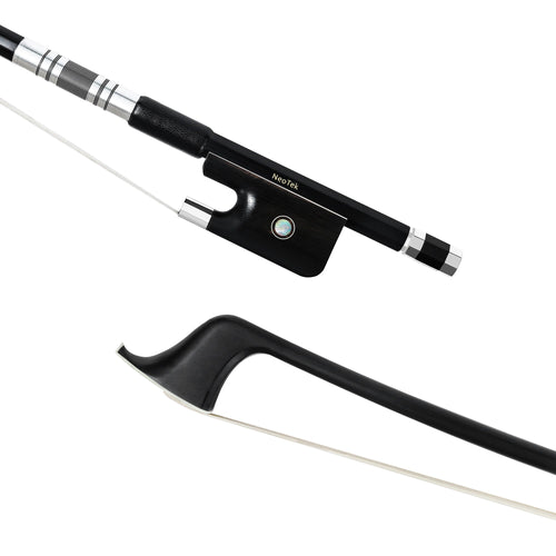 NeoTek Plus Carbon Fiber French style bass bow tip and fully-mounted Ebony frog front view, featuring black matte finish stick, Nickel Silver winding, Parisian eye, Abalone slide and white horsehair