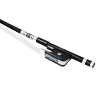 Load image into Gallery viewer, NeoTek Plus Carbon Fiber French style bass bow fully-mounted Ebony frog side view, featuring black matte finish stick, Nickel Silver winding, Parisian eye and Abalone slide
