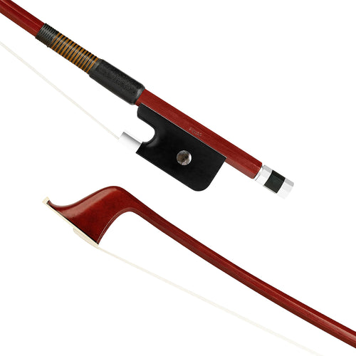 Forte Brazilwood Plus French style bass bow tip and fully-mounted Ebony frog front view, featuring octagonal stick, Nickel Silver winding, Parisian eye, Abalone slide and white horsehair