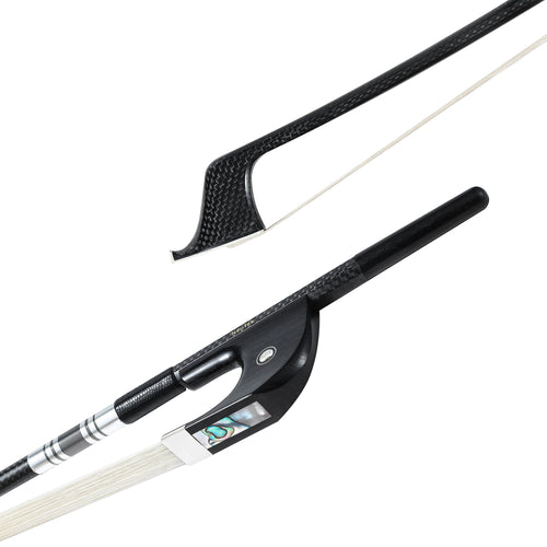 NeoTek Pro Carbon Fiber German style bass bow tip and fully-mounted Ebony frog side view, featuring weaving pattern stick, Nickel Silver winding, Parisian eye, Abalone slide and white horsehair