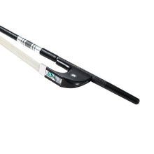 Load image into Gallery viewer, NeoTek Pro Carbon Fiber German style bass bow fully-mounted Ebony frog side view, featuring weaving pattern stick, Nickel Silver winding, Parisian eye, Abalone slide and white horsehair
