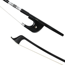 Load image into Gallery viewer, NeoTek Plus Carbon Fiber German style bass bow tip and fully-mounted Ebony frog front view, featuring black matte finish stick, Nickel Silver winding, Parisian eye, Abalone slide and white horsehair
