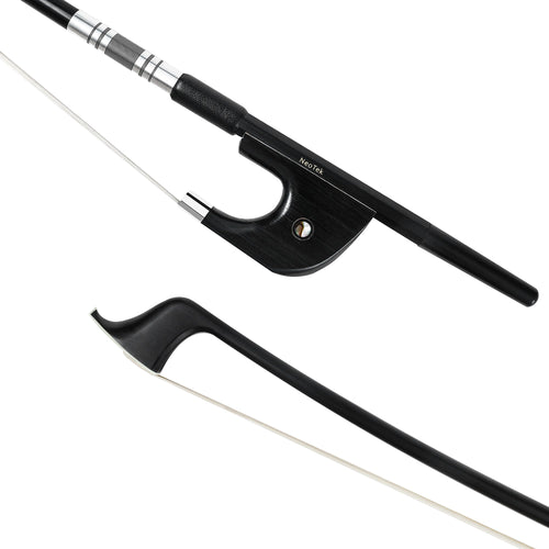 NeoTek Plus Carbon Fiber German style bass bow tip and fully-mounted Ebony frog front view, featuring black matte finish stick, Nickel Silver winding, Parisian eye, Abalone slide and white horsehair