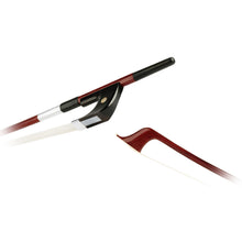 Load image into Gallery viewer, Forte Brazillwood German style bass bow tip and Ebony frog side view, featuring Nickel Silver winding, Serbian eye, Pearl slide and white horsehair
