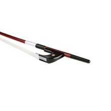 Load image into Gallery viewer, Forte Brazillwood German style bass bow Ebony frog side view, featuring Nickel Silver winding, Serbian eye, Pearl slide and white horsehair
