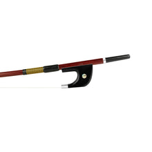 Load image into Gallery viewer, Forte Brazilwood Plus German style bass bow fully-mounted Ebony frog front view, featuring octagonal stick, Nickel Silver winding, Parisian eye, Abalone slide and white horsehair
