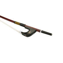 Load image into Gallery viewer, Forte Brazilwood Plus German style bass bow fully-mounted Ebony frog side view, featuring octagonal stick, Nickel Silver winding, Parisian eye and Abalone slide
