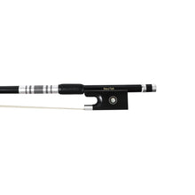 Load image into Gallery viewer, NeoTek Plus Carbon Fiber violin bow fully-mounted Ebony frog front view, featuring black matte finish stick, Nickel Silver winding, Parisian eye, Abalone slide and white horsehair
