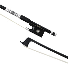 Load image into Gallery viewer, NeoTek Plus Carbon Fiber violin bow tip and fully-mounted Ebony frog front view, featuring black matte finish stick, Nickel Silver winding, Parisian eye, Abalone slide and white horsehair

