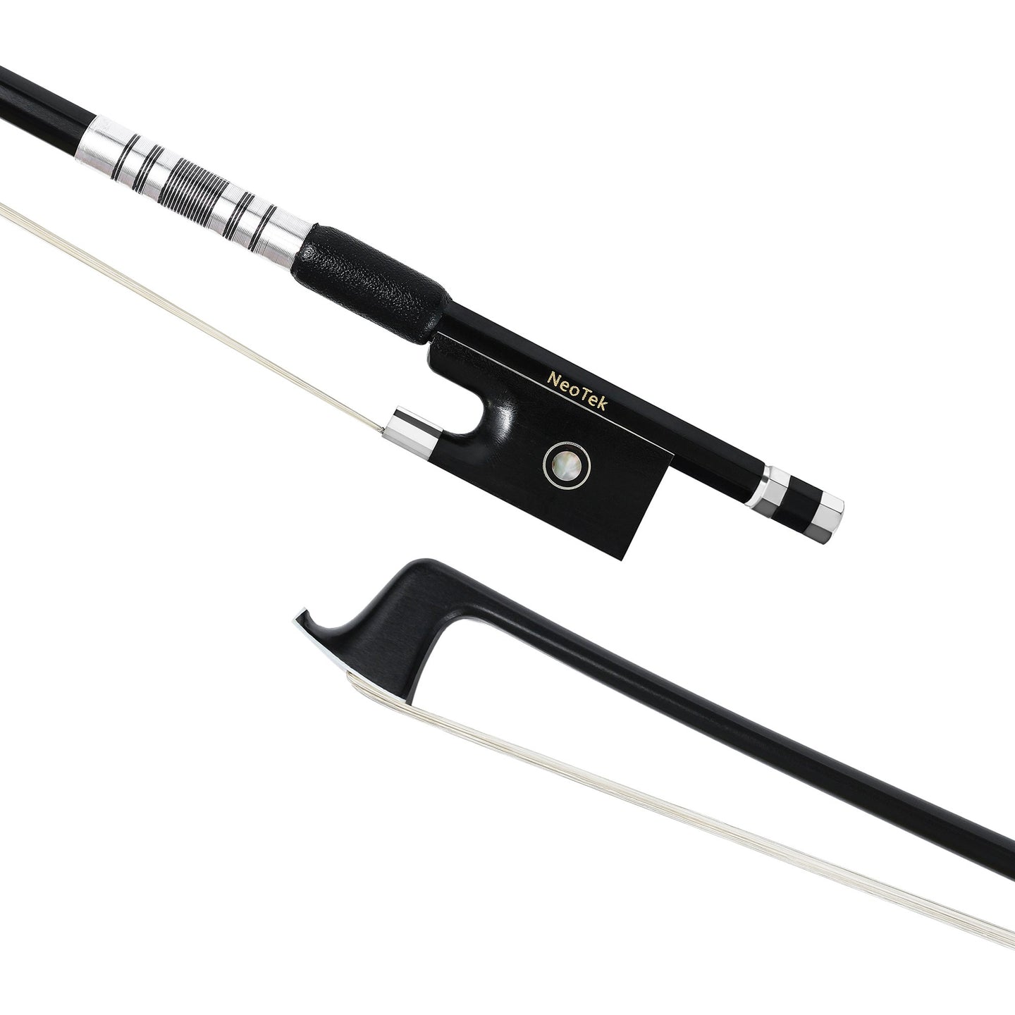 NeoTek Plus Carbon Fiber violin bow tip and fully-mounted Ebony frog front view, featuring black matte finish stick, Nickel Silver winding, Parisian eye, Abalone slide and white horsehair