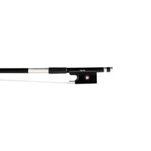 Load image into Gallery viewer, NeoTek Carbon Composite violin bow fully-mounted Ebony frog front view, featuring black matte finish stick, Nickel Silver winding, Parisian eye and Pearl slide
