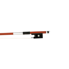 Load image into Gallery viewer, Forte Brazilwood violin bow Ebony frog front view, featuring Nickel Silver winding, Serbian eye and Pearl slide
