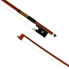 Load image into Gallery viewer, Forte Brazillwood Plus violin bass bow tip and fully-mounted Ebony frog front view, featuring octagonal stick, Nickel Silver winding, Parisian eye, Abalone slide and white horsehair
