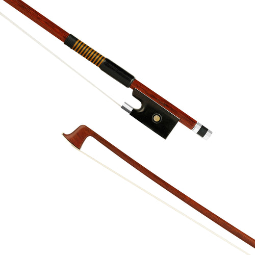 Forte Brazillwood Plus violin bass bow tip and fully-mounted Ebony frog front view, featuring octagonal stick, Nickel Silver winding, Parisian eye, Abalone slide and white horsehair