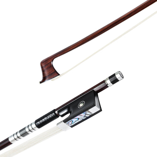 Forte Pro select Brazilwood violin bow tip and fully-mounted Ebony frog side view, featuring round stick, Nickel Silver winding, Parisian eye, Abalone slide and white horsehair