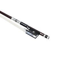 Load image into Gallery viewer, Forte Pro select Brazilwood violin bow fully-mounted Ebony frog side view, featuring round stick, Nickel Silver winding, Parisian eye, Abalone slide and white horsehair
