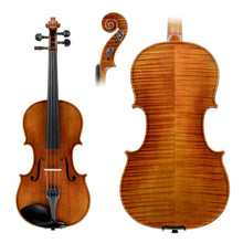 Load image into Gallery viewer, Lombardo &quot;Virtuoso&quot; Violin Top, Back &amp; Scroll, featuring antique varnish, Solid Spruce with tight grains, Ebony fittings, Dominant strings, and Solid flamed Maple back

