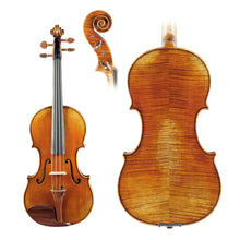 Load image into Gallery viewer, LOMBARDO &quot;Cannone&quot; Guarneri Violin Top, Back &amp; Scroll, copy of Guarneri Del Gesu Cannone, featuring antique varnish, Solid Spruce with tight grains, Rosewood fittings, strings, and Solid flamed Maple back
